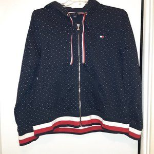 Tommy Hilfiger Polka Dot Zip Up Hooded Jacket Coat - Blue/White/Red - Women's XL